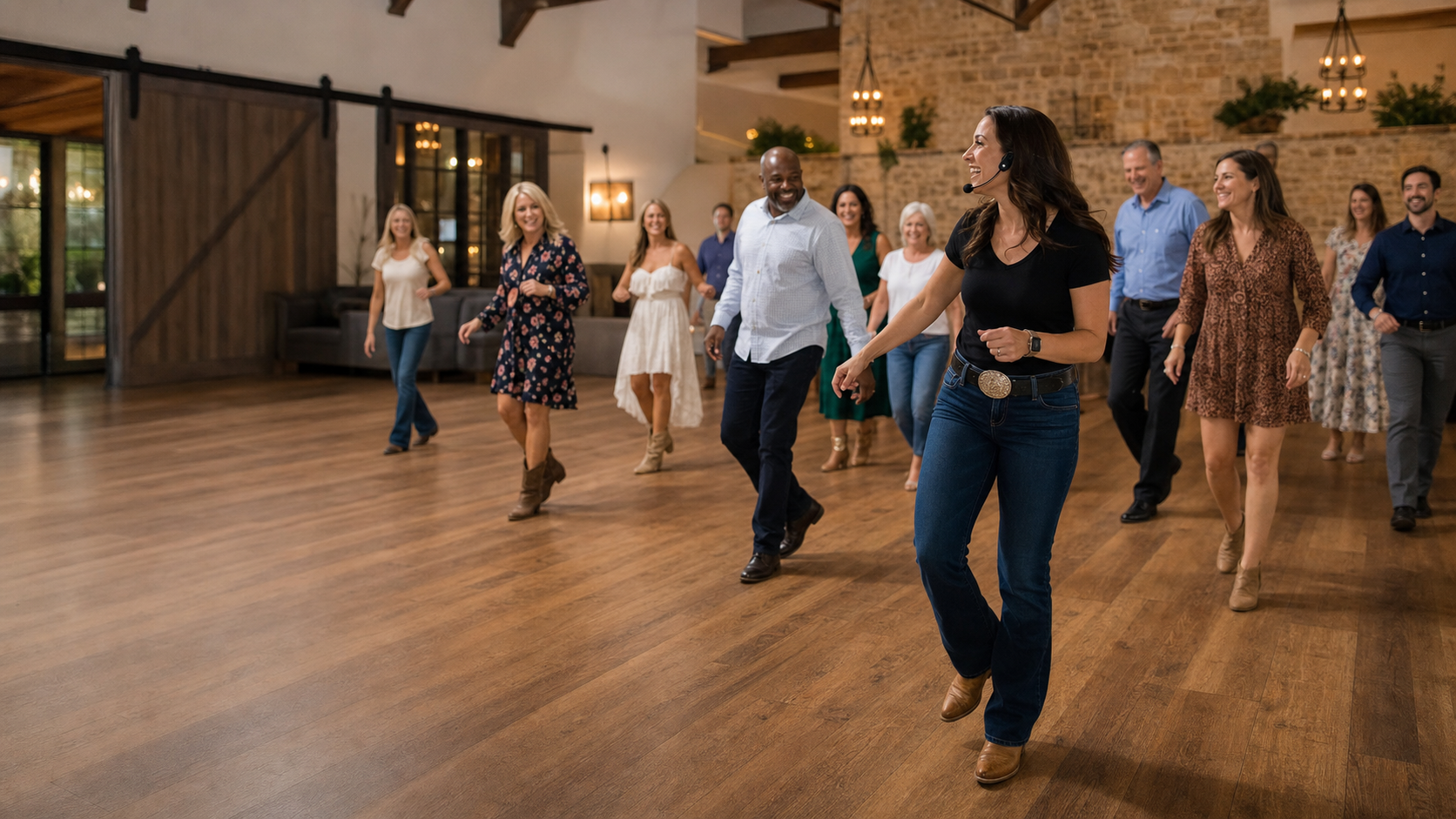 A line dance instructor leading a happy crowd of guests on the dance floor